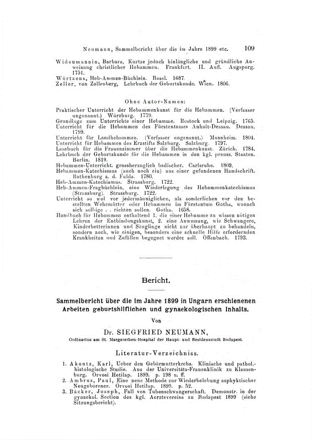 First page of Sammelbericht über die im Jahre 1899 in Ungarn erschienenen Arbeiten geburtshilflichen und gynaekologischen Inhalts