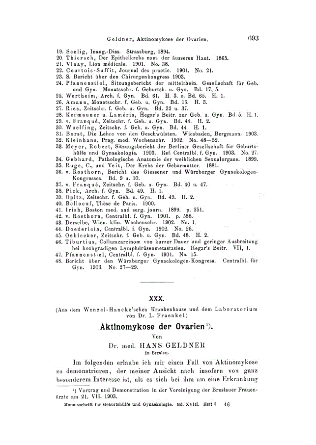 First page of XXX. Aktinomykose der Ovarien