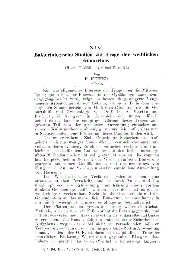 First page of XIV. Bakteriologisehe Studien zur Frage der weiblichen Gonorrhoe<subtitle>(Hierzu 7 Abbildungen und Tafel III.)</subtitle>