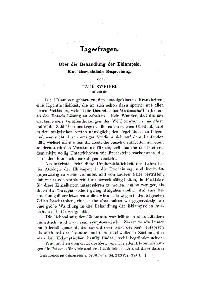 First page of Über die Behandlung der Eklampsie<subtitle>Eine übersichtliche Besprechung</subtitle>
