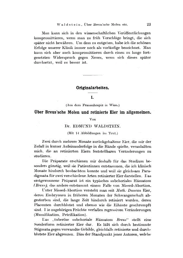 First page of I. Über Breus’sche Molen und retinierte Eier im allgemeinen