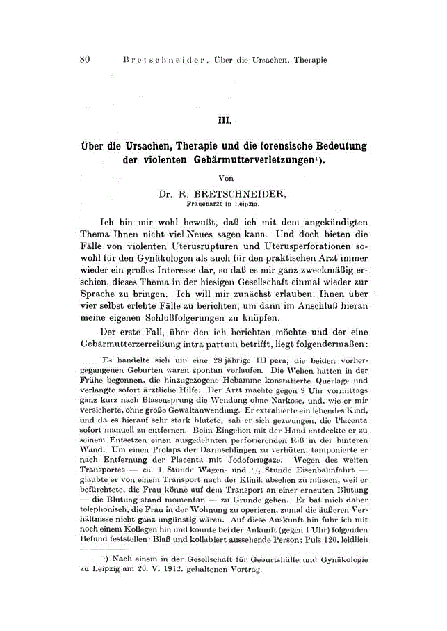First page of III. Über die Ursachen, Therapie und die forensische Bedeutung der violenten Gebärmutterverletzungen