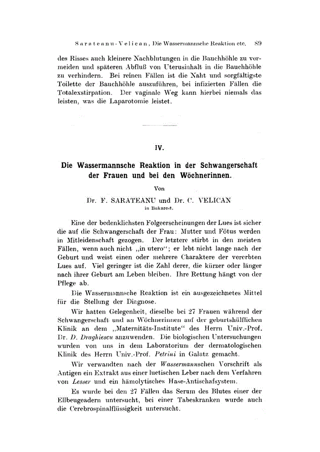 First page of IV. Die Wassermannsche Reaktion in der Schwangerschaft der Frauen und bei den Wöchnerinnen