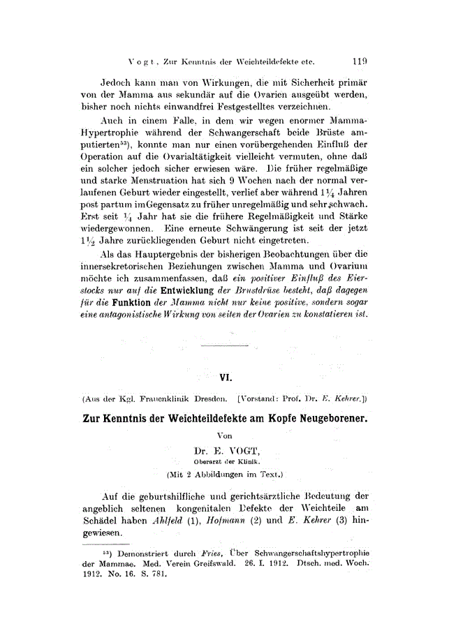 First page of VI. Zur Kenntnis der Weichteildefekte am Kopfe Neugeborener