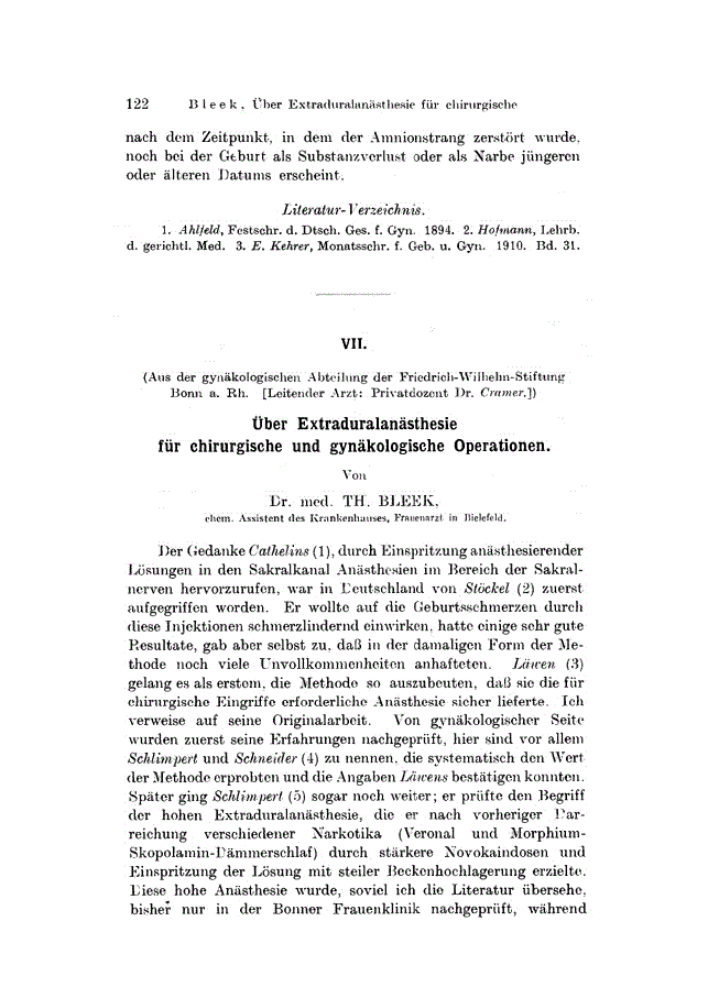 First page of VII. Über Extraduralanästhesie für chirurgische und gynäkologische Operationen