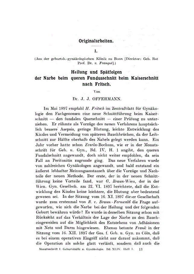 First page of I. Heilung und Spätfolgen der Narbe beim queren Fundusschnitt beim Kaiserschnitt nach Fritsch