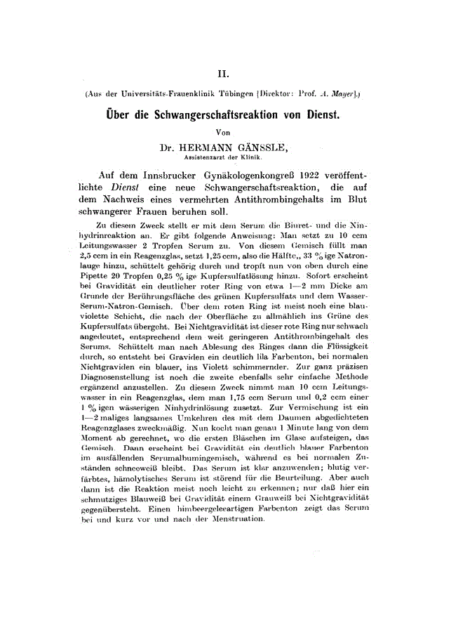 First page of II. über die Schwangerschaftsreaktion von Dienst