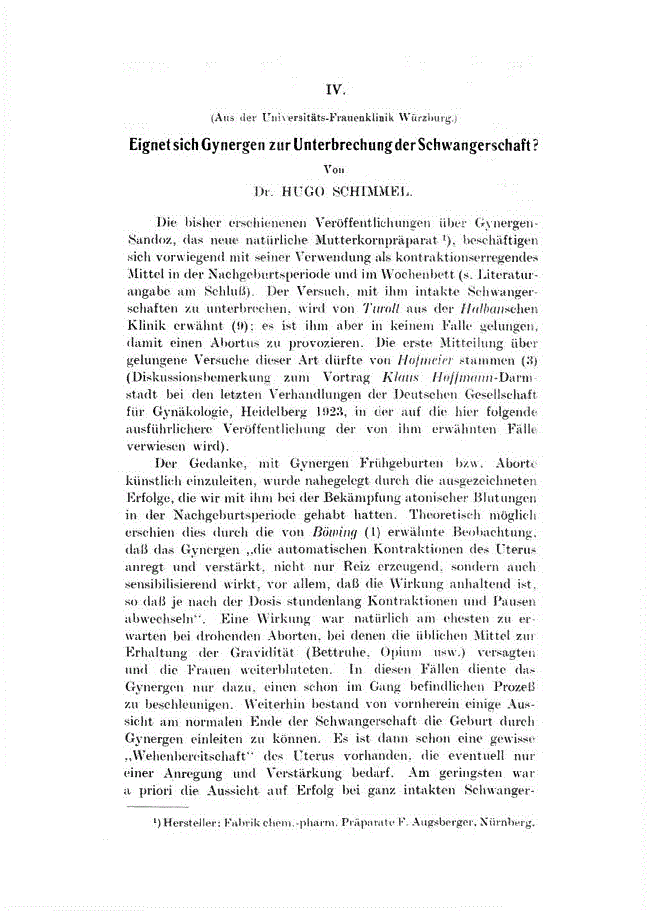 First page of IV. Eignet sich Gynergen zur Unterbrechung der Schwangerschaft?