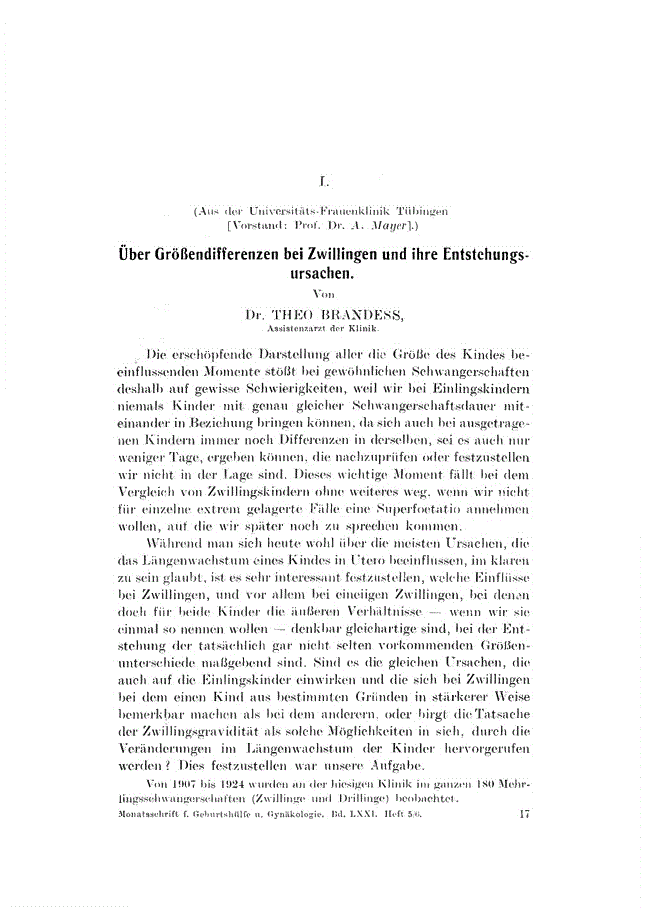 First page of I. über Gröβendifferenzen bei Zwillingen und ihre Entstehungsursachen