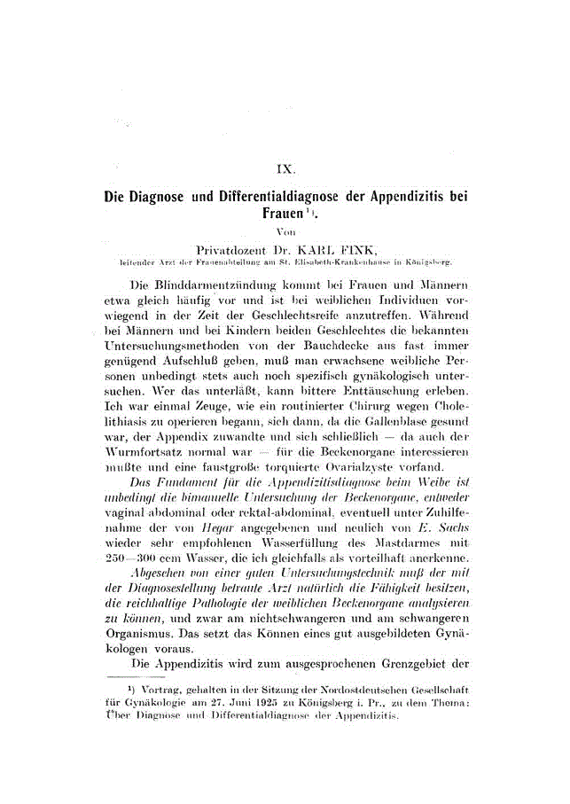 First page of IX. Die Diagnose und Differentialdiagnose der Appendizitis bei Frauen