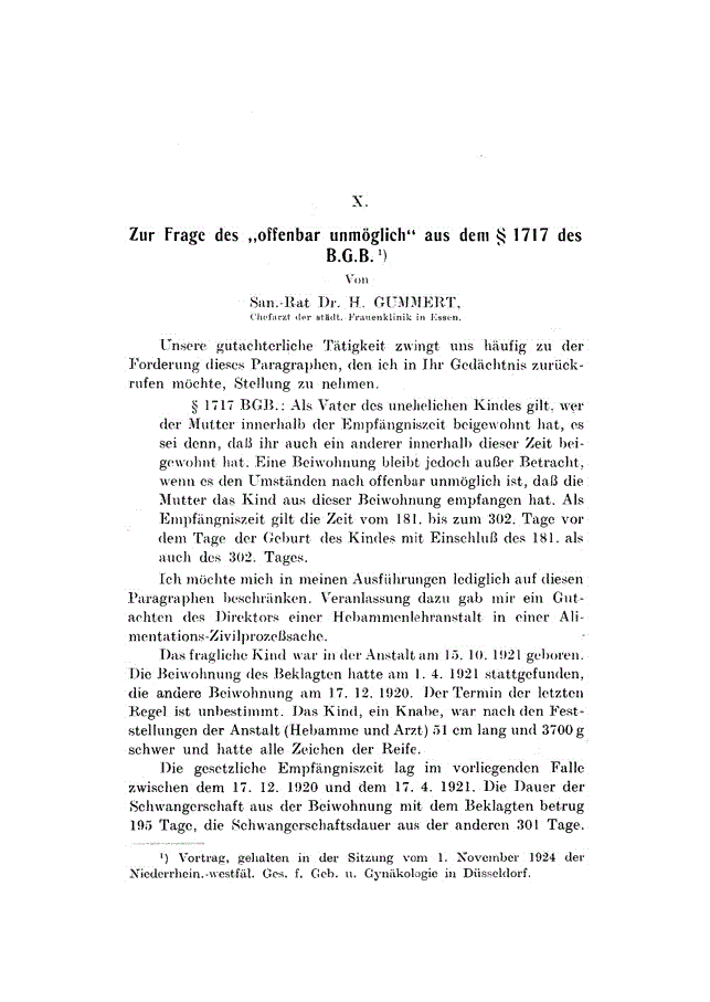 First page of X. Zur Frage des ”offenbar unmöglich” aus dem § 1717 des B.G.B.