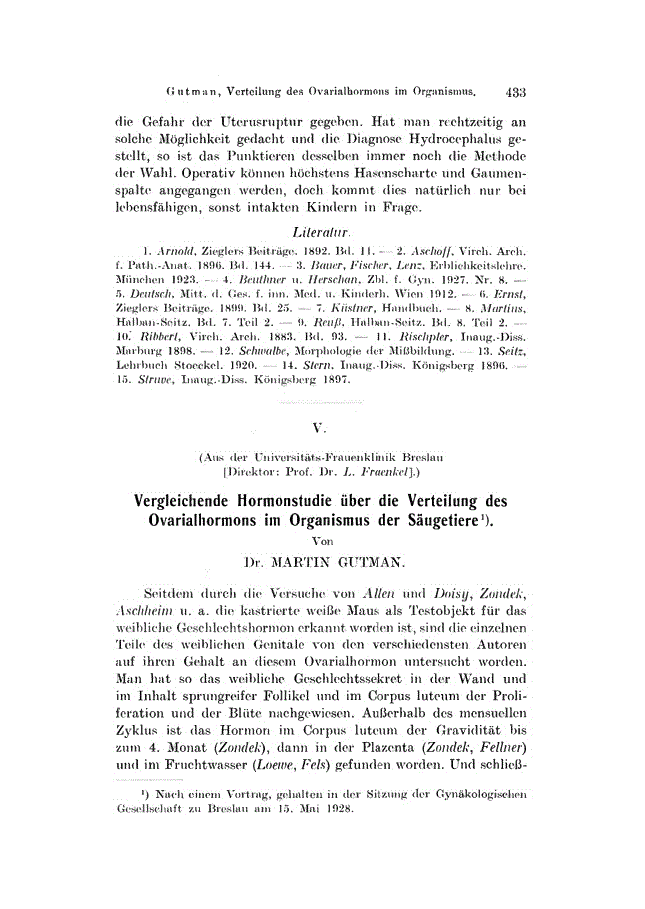 First page of V. Vergleichende Hormonstudie über die Verteilung des Ovarialhormons im Organismus der Säugetiere