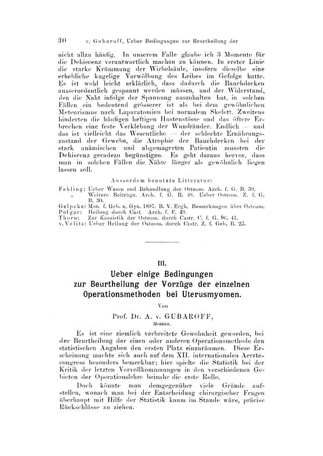 First page of Ueber einige Bedingungen zur Beurtheilung der Vorzüge der einzelnen Operationsmethoden bei Uterusmyomen