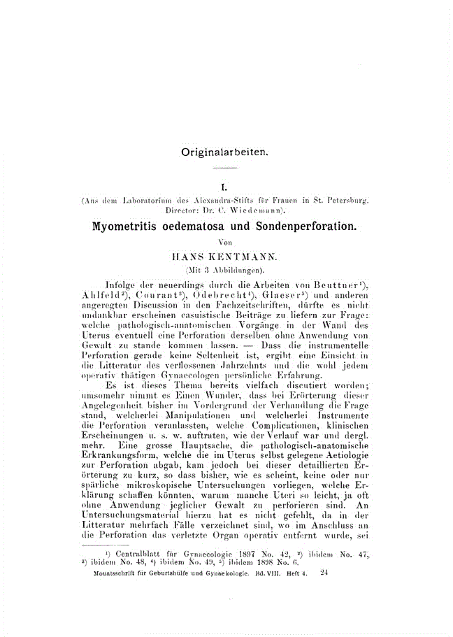 First page of I. Myometritis oedematosa und Sondenperforation