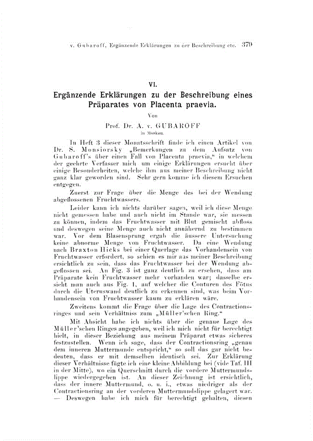 First page of VI. Ergänzende Erklärungen zu der Beschreibung eines Präparates von Placenta praevia.