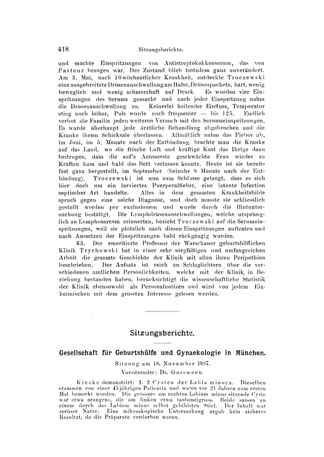 First page of Gesellschaft für Geburtshülfe und Gynaekologie in München<subtitle>Sitzung am 18. November 1897</subtitle>