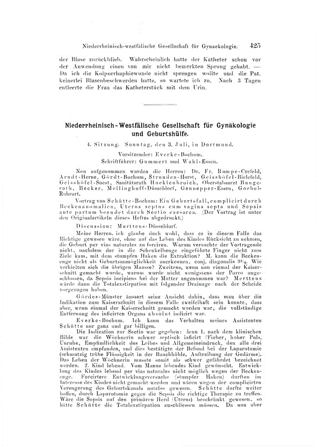 First page of Niederrheinisch-Westfälische Gesellschaft für Gynäkologie und Geburtshülfe<subtitle>4. Sitzung. Sonntag, den 3. Juli, in Dortmund</subtitle>