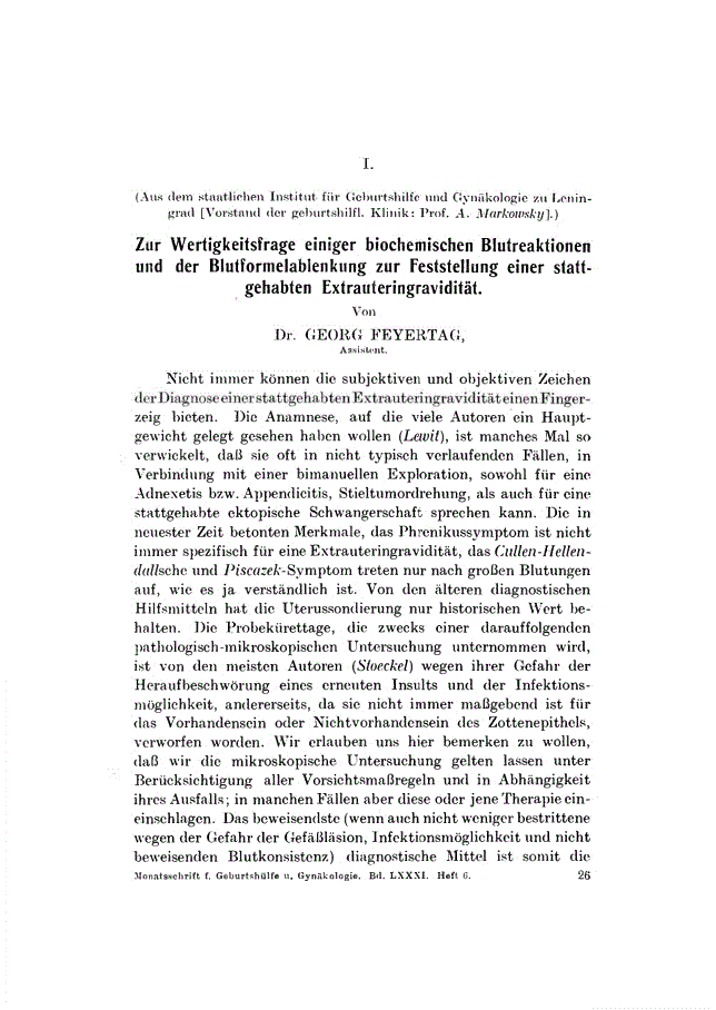 First page of I. Zur Wertigkeitsfrage einiger biochemischen Blutreaktionen und der Blutformelablenkung zur Feststellung einer stattgehabten Extrauteringravidität