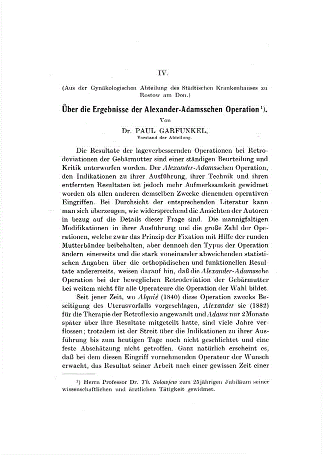 First page of IV. über die Ergebnisse der Alexander-Adamsschen Operation