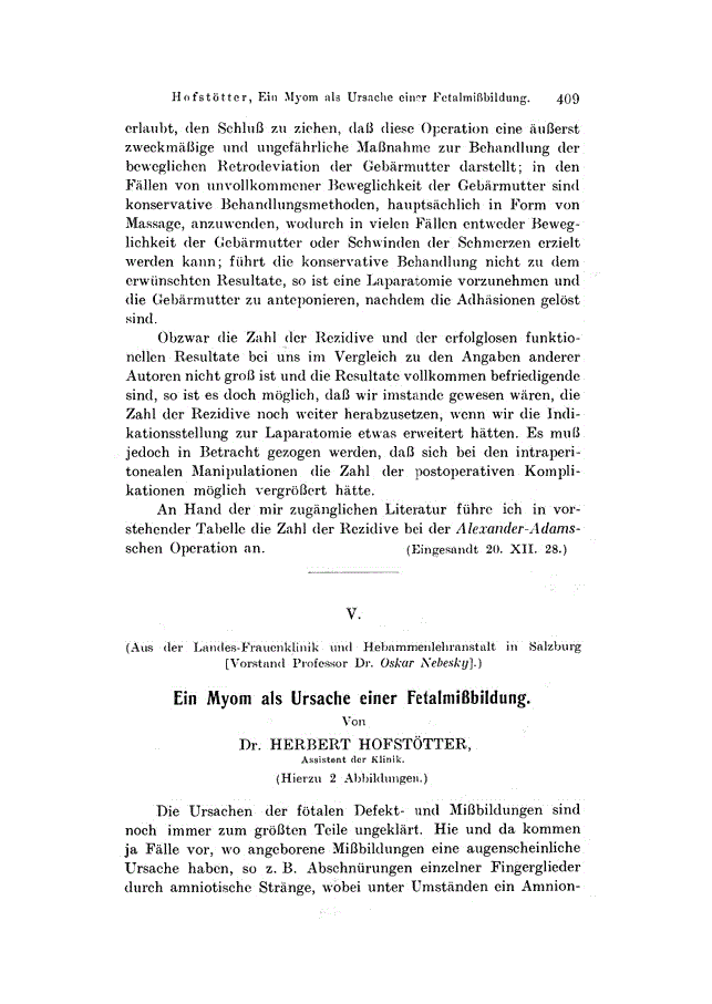 First page of V. Ein Myom als Ursache einer Fetalmißbildung
