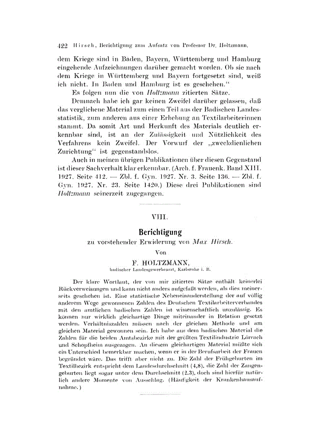 First page of VIII. Berichtigung<subtitle>zu vorstehender Erwiderung von <italic>Max Hirsch</italic></subtitle>
