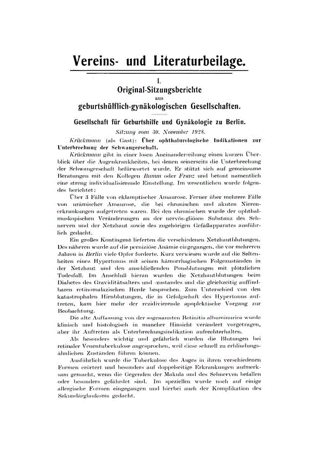 First page of I. Original-Sitzungsberichte aus geburtshülflich-gynäkologischen Gesellschaften