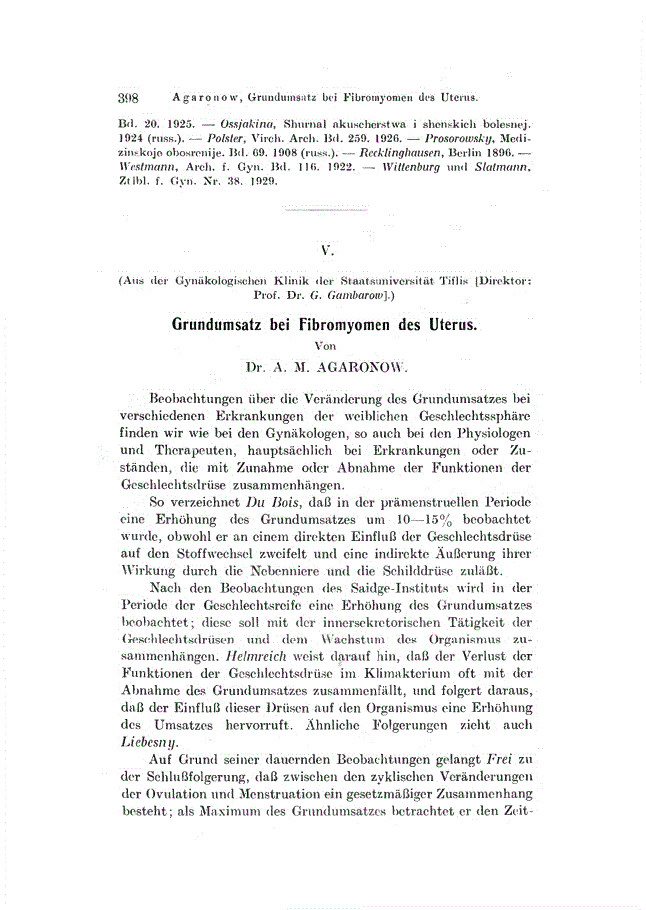 First page of V. Grundumsatz bei Fibromyomen des Uterus