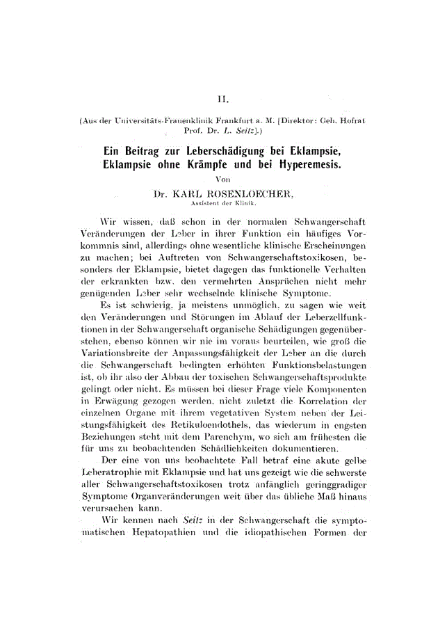 First page of II. Ein Beitrag zur Leberschädigung bei Eklampsie, Eklampsie ohne Krämpfe und bei Hyperemesis