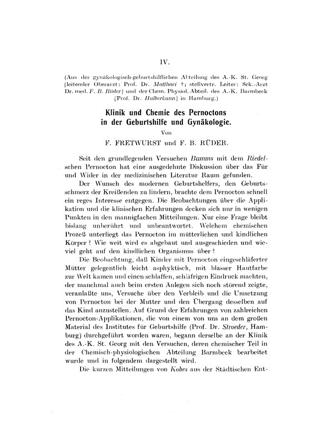 First page of IV. Klinik und Chemie des Pernoctons in der Geburtshilfe und Gynäkologie
