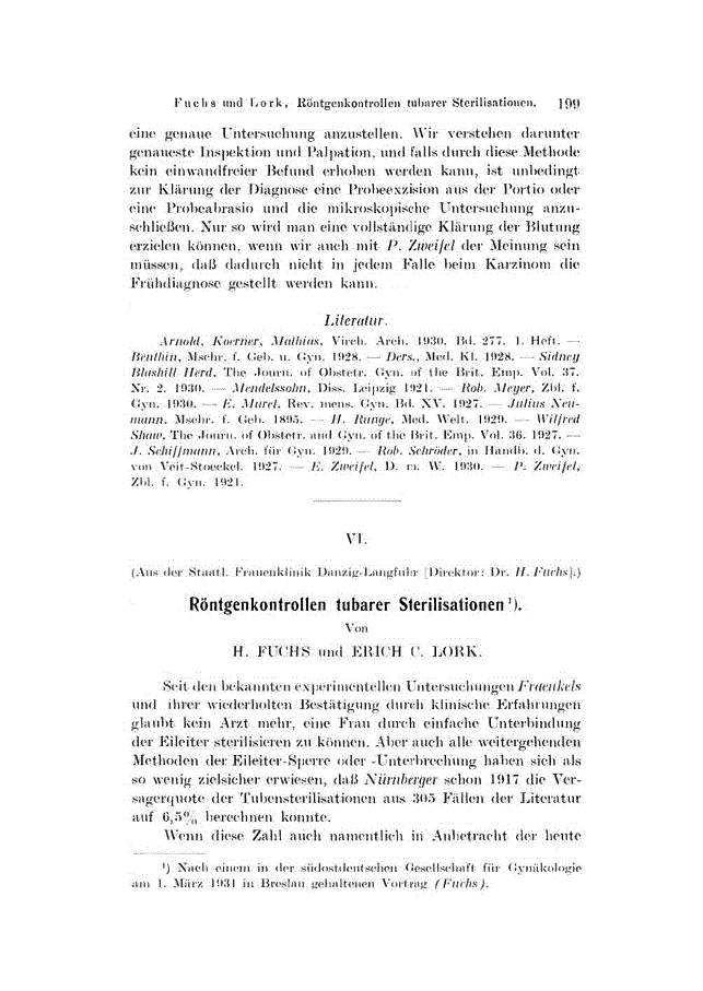 First page of VI. Röntgenkontrollen tubarer Sterilisationen