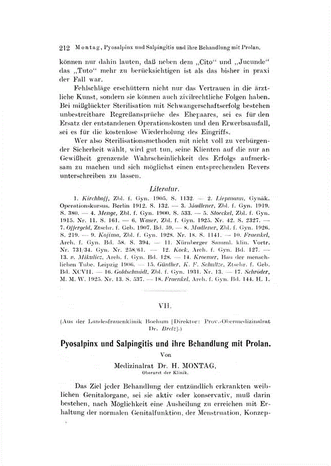 First page of VII. Pyosalpinx und Salpingitis und ihre Behandlung mit Prolan