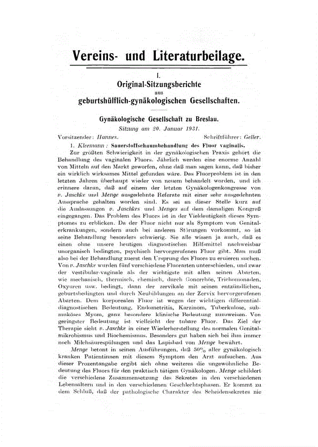 First page of I. Original-Sitzungsberichte aus geburtshülflich-gynäkologischen Gesellschaften (Part 1 of 4)