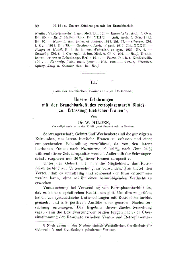 First page of III. Unsere Erfahrungen mit der Brauchbarkeit des retroplazentaren Blutes zur Erfassung luetischer Frauen