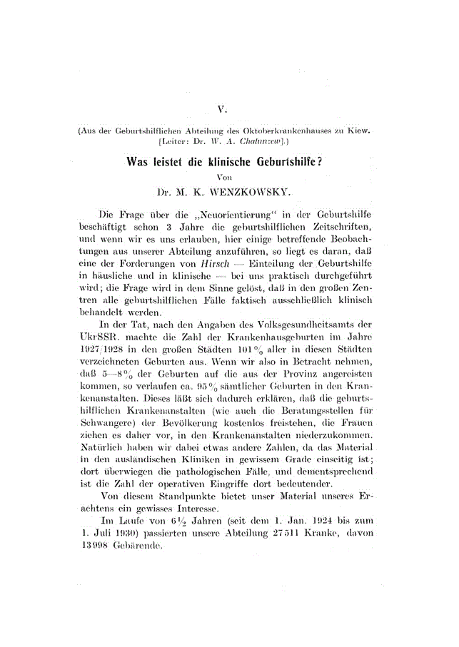 First page of V. Was leistet die klinische Geburtshilfe ?