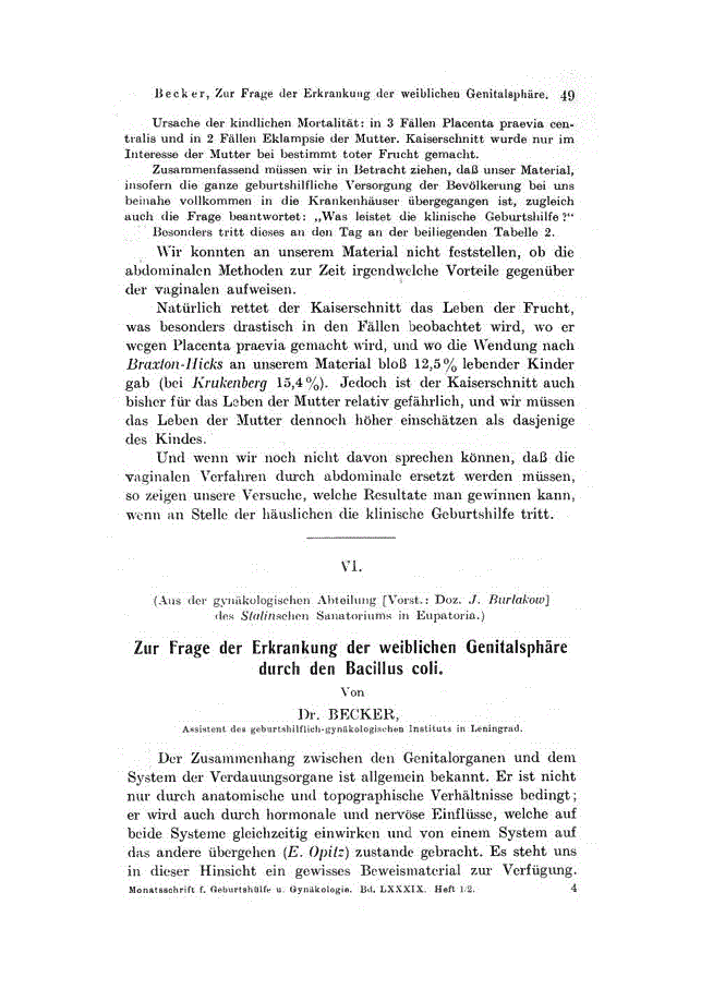 First page of VI. Zur Frage der Erkrankung der weiblichen Genitalsphäre durch den Bacillus coli
