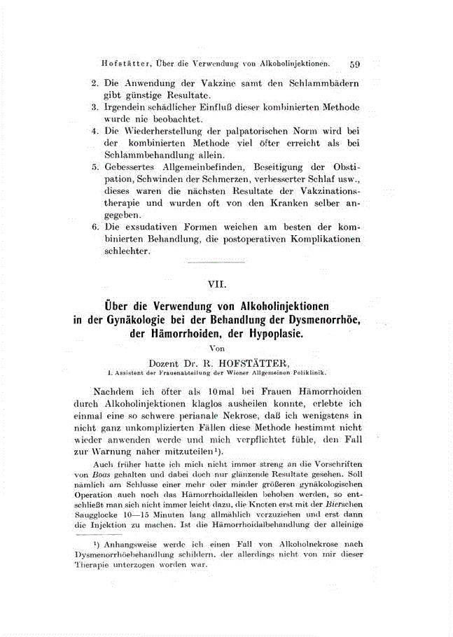First page of VII. über die Verwendung von Alkoholinjektionen in der Gynäkologie bei der Behandlung der Dysmenorrhöe, der Hämorrhoiden, der Hypoplasie
