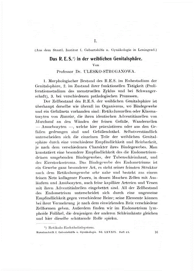 First page of I. Das R. E.S. in der weiblichen Genitalsphäre