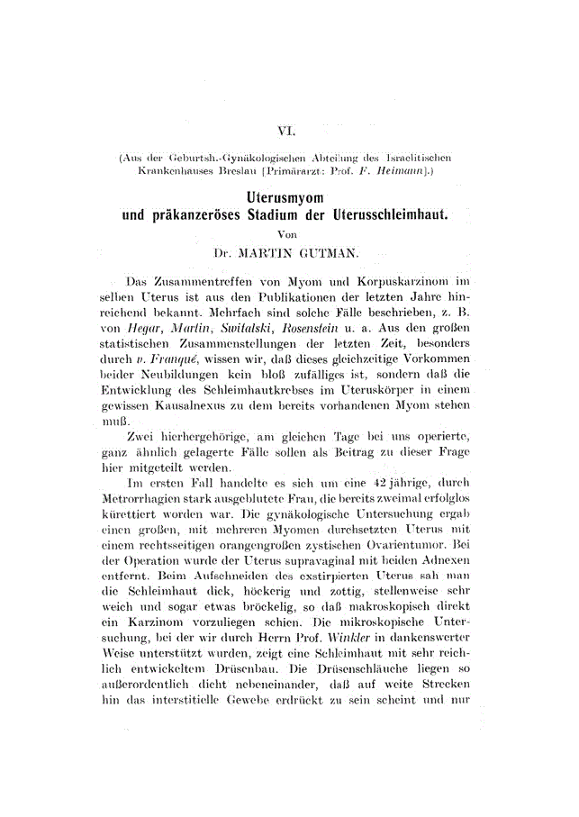 First page of VI. Uterusmyom und präkanzeröses Stadium der Uterusschleimhaut