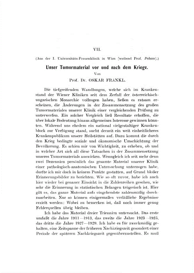 First page of VII. Unser Tumormaterial vor und nach dem Kriege