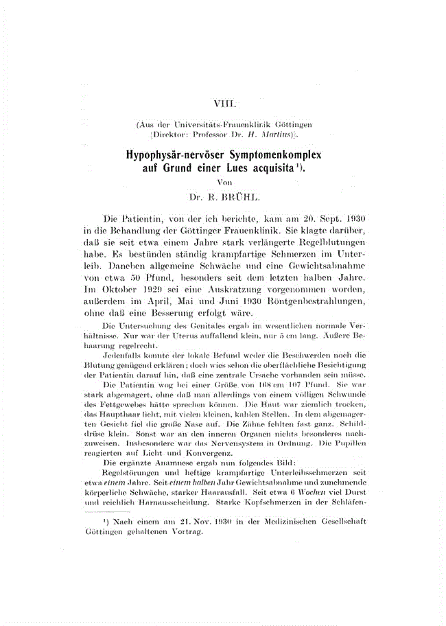 First page of VIII. Hypophysär-nervöser Symptomenkomplex auf Grund einer Lues acquisita