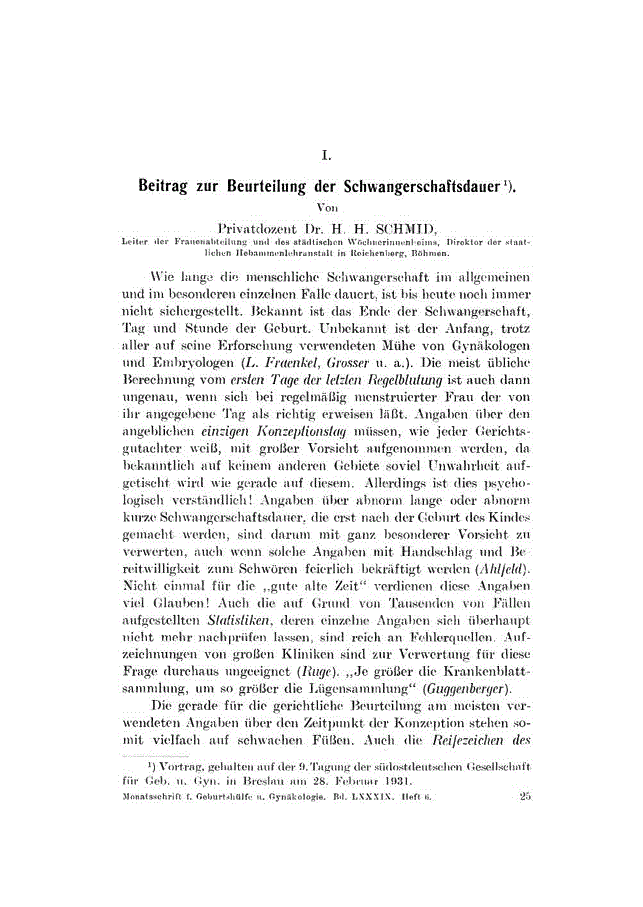 First page of I. Beitrag zur Beurteilung der Schwangerschaftsdauer