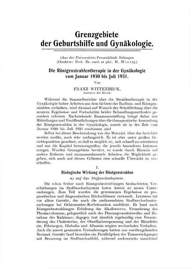 First page of Die Röntgenstrahlentherapie in der Gynäkologie vom Januar 1930 bis Juli 1931