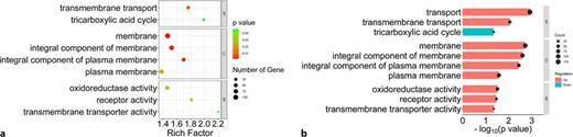 a, b Significant GO enrichment plot of differentially expressed genes. p value ≤0.05; p values increase from left to right.