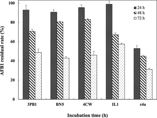 AFB1 removal activity of the isolated bacterial strains. All data are expressed as mean ± SD (n = 3).
