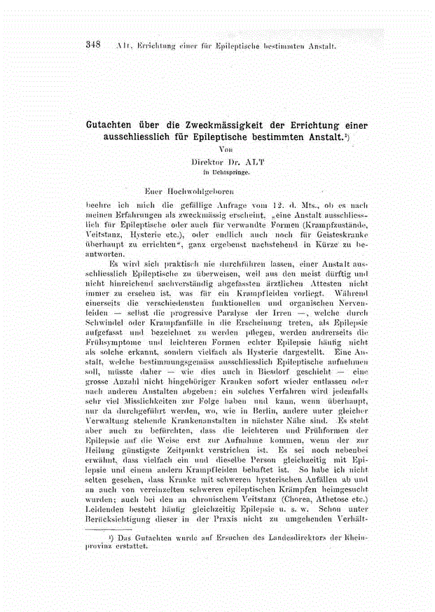 First page of Gutachten über die Zweckmässigkeit der Errichtung einer ausschliesslich für Epileptische bestimmten Anstalt.