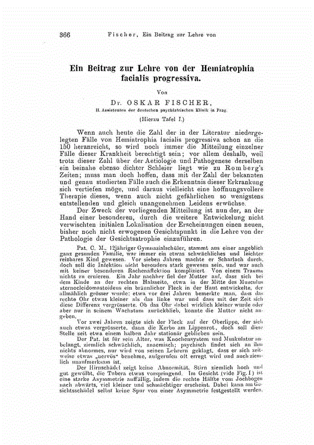 First page of Ein Beitrag zur Lehre von der Hemiatrophia facialis progressiva.