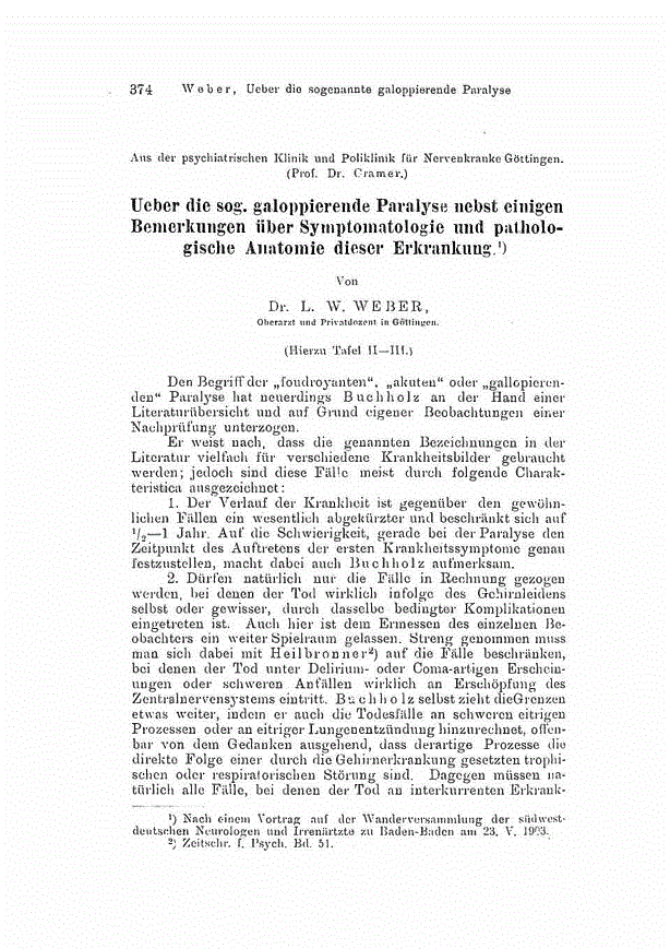 First page of Ueber die sog. galoppierende Paralyse nebst einigen Bemerkungen über Symptomatologie und pathologische Anatomie dieser Erkrankung.