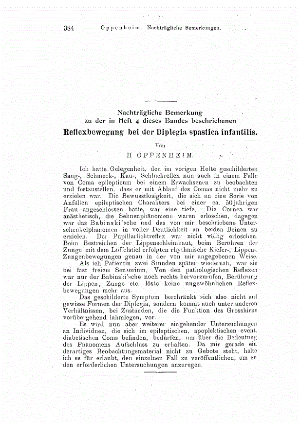 First page of Nachträgliche Bemerkung zu der in Heft 4 dieses Bandes beschriebenen Reflexbewegung bei der Diplegia spastica infantilis.