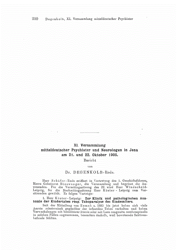 First page of XI. Versammlung mitteldeutscher Psychiater und Neurologen in Jena am 21. und 22. Oktober 1905.