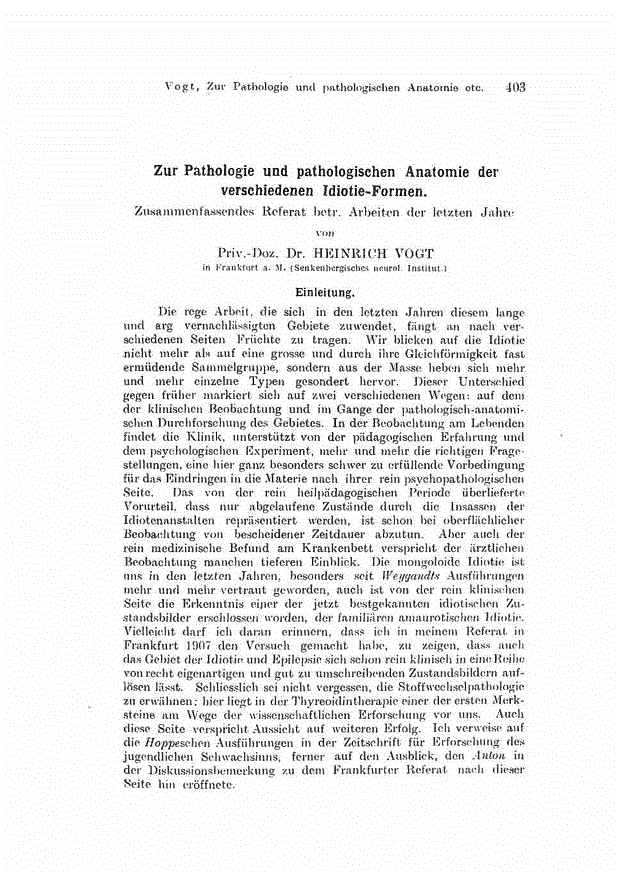 First page of Zur Pathologie und pathologischen Anatomie der verschiedenen Idiotie-Formen.<subtitle>Zusammenfassendes Referat betr. Arbeiten der letzten Jahre</subtitle>